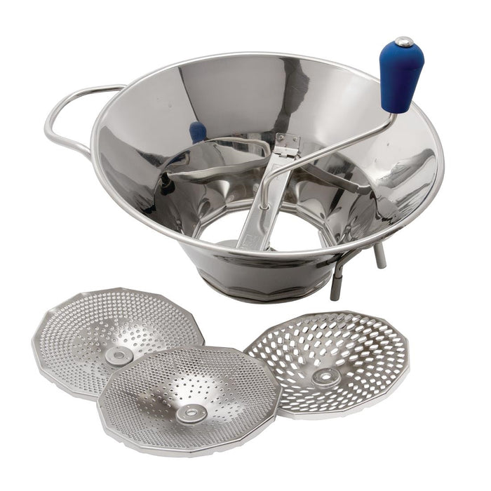 Stainless steel. Size: 12 1/2"/ 310mm. Comes supplied with three different sizes of sieve.