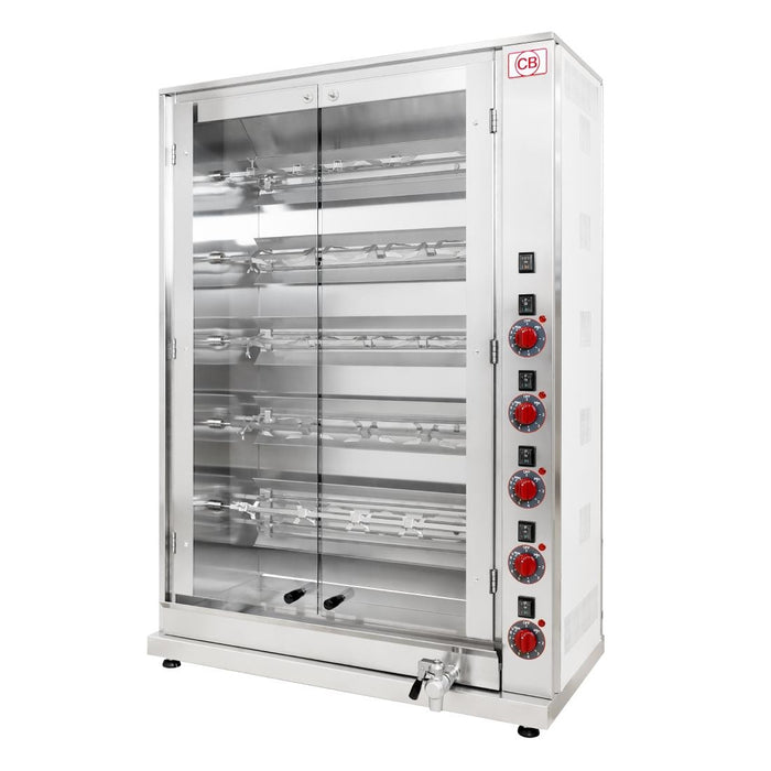 10.7kW. Capacity: 20x 1.2kg birds on 5 spits
