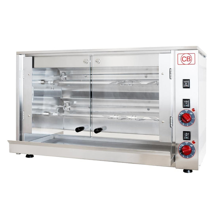 3.5kW. Capacity: 8x 1.2kg birds on 2 spits