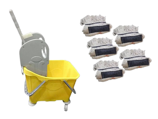 Kentucky 24 Litre Mop Bucket With Wheels - And 5 x 16oz Mop Head - Professional Canmac