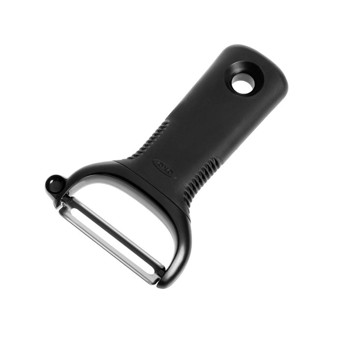 Straight edged speed peeler. Features a pressure relieving, anti-slip handle.