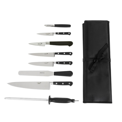 Contains: 3 x Cooks Knives, Fillet Knife, Boning Knife, Palette Knife, Steel, Peeler and Wallet