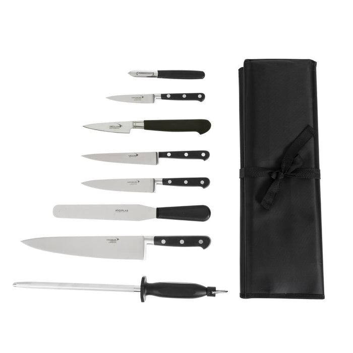 Contains: 3 x Cooks Knives, Fillet Knife, Boning Knife, Palette Knife, Steel, Peeler and Wallet