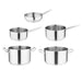 Includes 2x stew pans (M940, M941), 2x saucepans (M943, M944) and 1x flared sauté pan (M947). Stainless steel. Induction compatible.