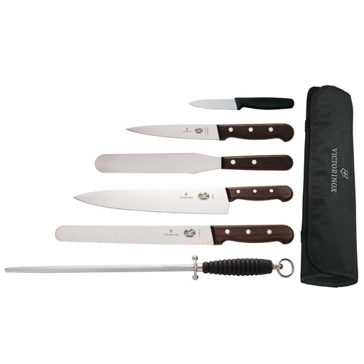 Contains: Cooks Knife, Fillet Knife, Palette Knife, Slicer, Paring Knife, Steel and Wallet