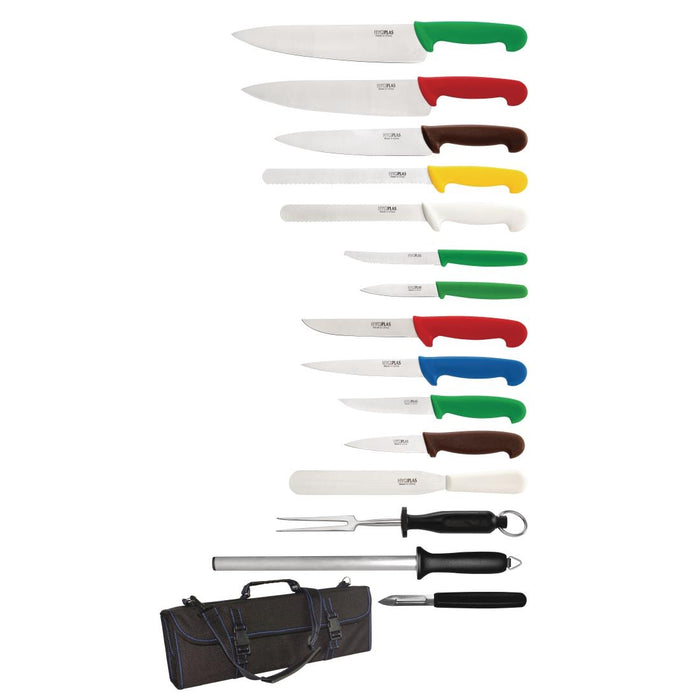Contains: 3x Cooks Knives, Vegetable Knife, 2x Paring Knives, Slicer, Bread Knife, Tomato Knife, Boning Knife, Fillet Knife, Palette Knife, Steel, Peeler & Case
