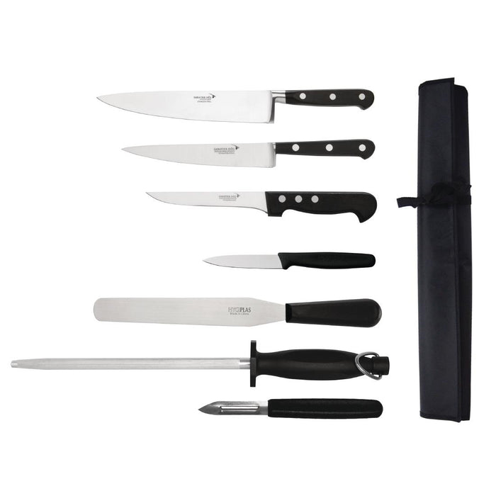 Contains: Cooks Knife, Fillet Knife, Boning Knife, Paring Knife, Palette Knife, Steel, Peeler and Wallet