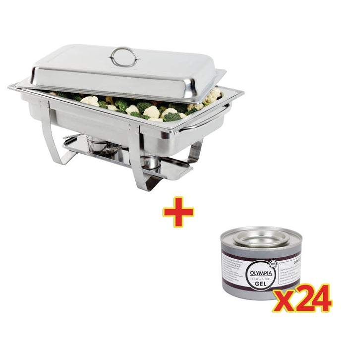 1x GN 1/1 stainless steel chafer with 24x 200g Olympia gel fuel tins