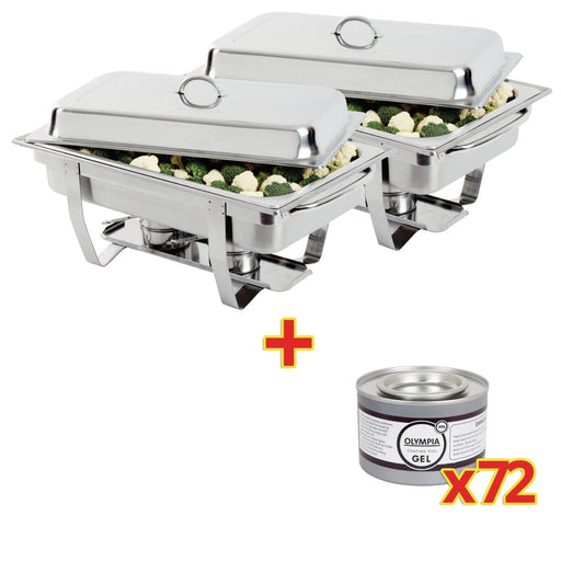 Pack of 2x 1/1GN stainless steel chafers with 72 gel fuel tins.
