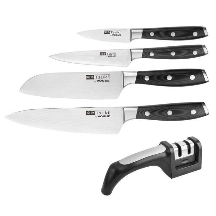 Contents: 8" Chefs Knife, 7" Santoku Knife, 5" Utility Knife, 3 1/2" Paring Knife and Sharpener