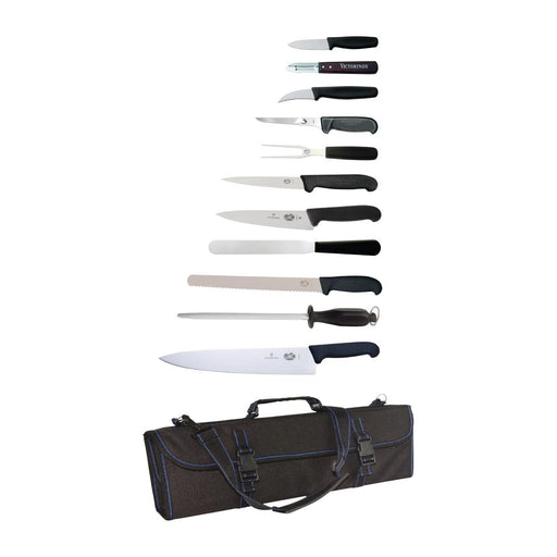 Contains: 2 x Cooks Knives, Slicer, Fillet Knife, Boning Knife, Paring Knife, Turning Knife, Palette Knife, Carving Fork, Steel, Peeler and Wallet