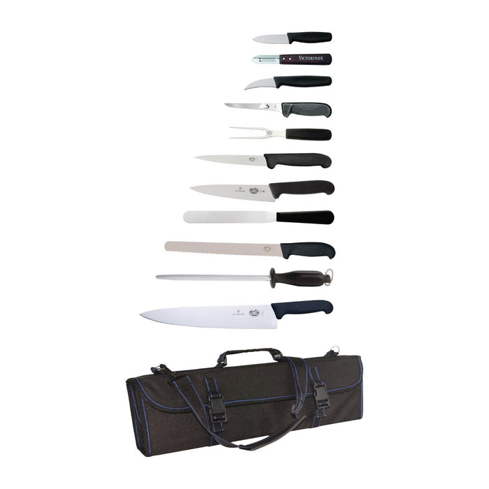 Contains: 2 x Cooks Knives, Slicer, Fillet Knife, Boning Knife, Paring Knife, Turning Knife, Palette Knife, Carving Fork, Steel, Peeler and Wallet