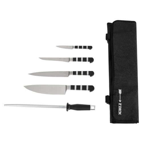 Contains: Chef Knife, Slicer, Boning Knife, Paring Knife, Steel and Wallet