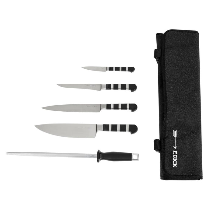 Contains: Chef Knife, Slicer, Boning Knife, Paring Knife, Steel and Wallet