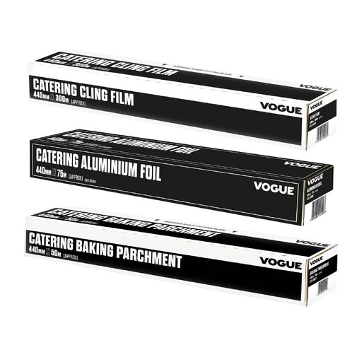 Pack Includes: 400m Vogue Cling Film, 75m Vogue Aluminium Foil and 50m Vogue Baking Parchment