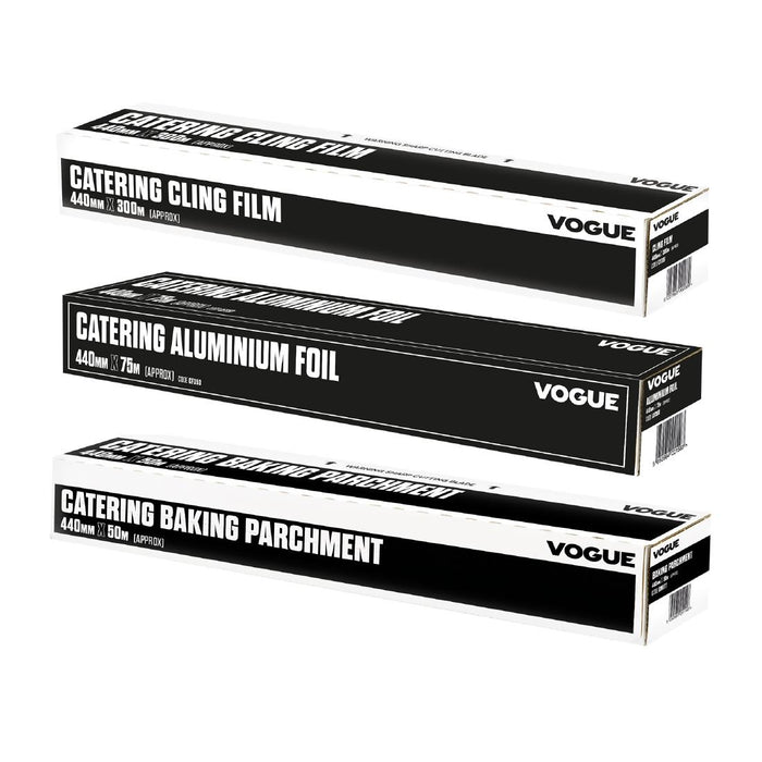 Pack Includes: 400m Vogue Cling Film, 75m Vogue Aluminium Foil and 50m Vogue Baking Parchment