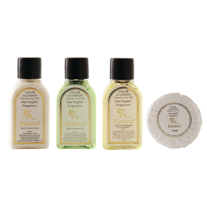 100x 30ml Bath and Shower Gel, 100x 30ml Shampoo and Conditioner, 100x 50ml Hand and Body Lotion, 100x 25g Soap