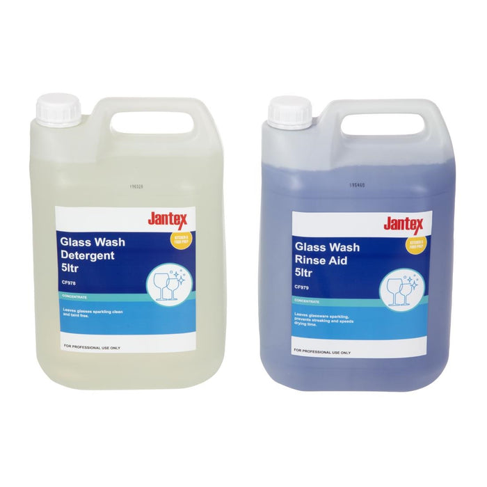 Pack contains: 5Ltr Glasswasher Detergent. 5Ltr Glasswasher Rinse Aid.