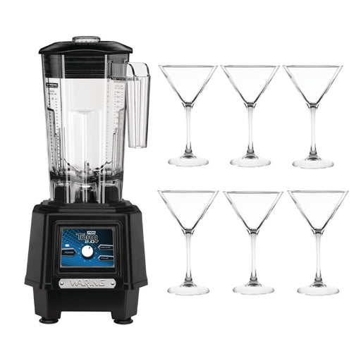 Contains: Waring Torq 2 Bar Blender TBB175K and 6 x 210ml Olympia Martini Glasses