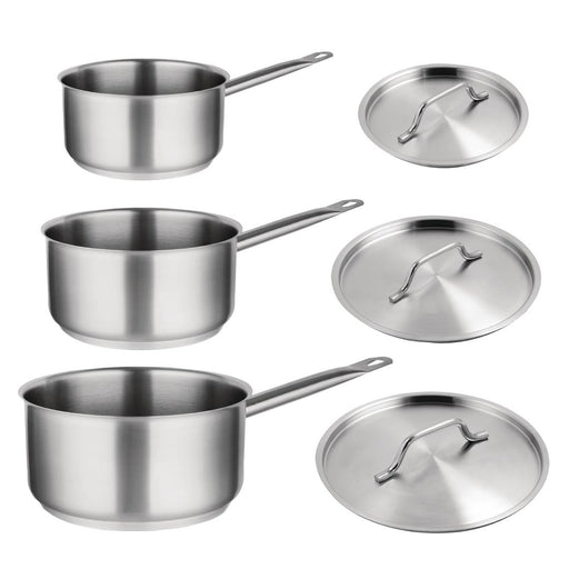Includes 900ml (M922), 1.5Ltr (M943) & 3Ltr (M944) saucepans with lids. Stainless steel. Induction compatible.