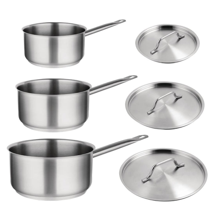 Includes 900ml (M922), 1.5Ltr (M943) & 3Ltr (M944) saucepans with lids. Stainless steel. Induction compatible.
