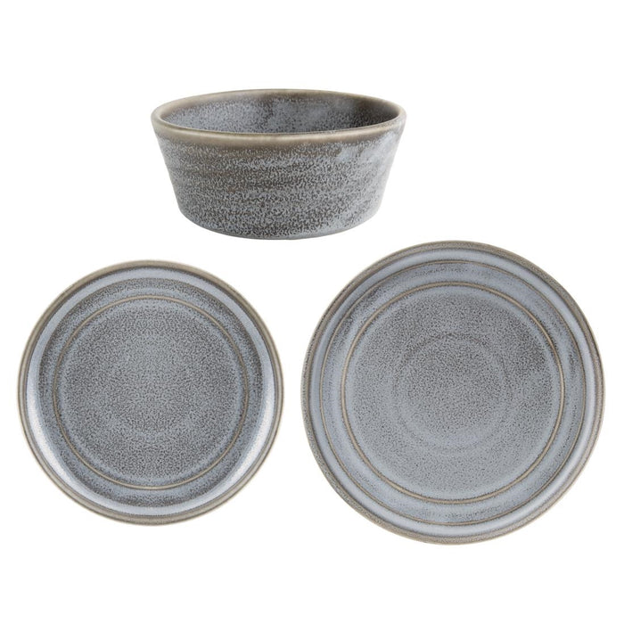 Contains: 6x Olympia Cavolo Charcoal Dusk 220(Ø)mm Flat Round Plates, 6x 180(Ø)mm Flat Round Plates and 6x 140(Ø)mm Flat Round Bowls