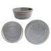 Contains: 6x Olympia Cavolo Charcoal Dusk 220(Ø)mm Flat Round Plates, 6x 180(Ø)mm Flat Round Plates and 6x 140(Ø)mm Flat Round Bowls