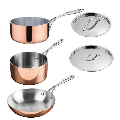 Includes 1 x Vogue Tri-Wall Copper 1.5Ltr Saucepan & Lid, 2.3Ltr Saucepan & Lid and 200(Ø)mm Frying Pan. Material: Copper. Induction compatible.