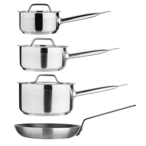 Includes 1 x900ml Saucepan & Lid, 1.5Ltr Saucepan & Lid, 3Ltr Saucepan & Lid and 240(Ø)mm Non-Stick Frying Pan. Material: Stainless steel & aluminium