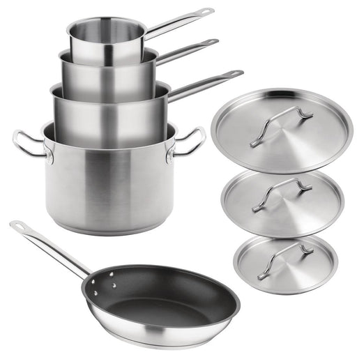 Includes 1 x Vogue 900ml Saucepan & Lid, 1.5Ltr Saucepan & Lid, 3Ltr Saucepan & Lid, 7Ltr Stew Pan & Lid and 240(Ø)mm Non-Stick Frying Pan. Material: Stainless steel. Induction compatible.