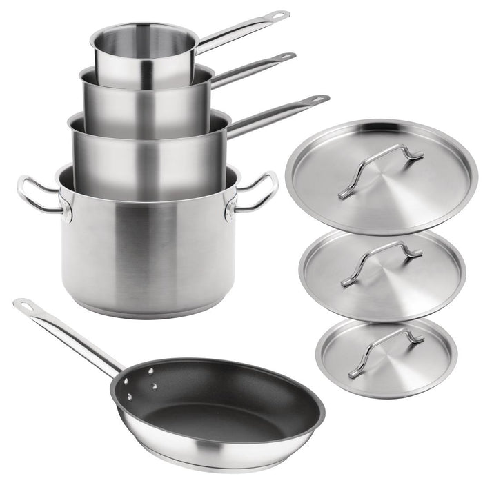 Includes 1 x Vogue 900ml Saucepan & Lid, 1.5Ltr Saucepan & Lid, 3Ltr Saucepan & Lid, 7Ltr Stew Pan & Lid and 240(Ø)mm Non-Stick Frying Pan. Material: Stainless steel. Induction compatible.