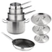 Includes 1 x Vogue 900ml Saucepan & Lid, 1.5Ltr Saucepan & Lid, 3Ltr Saucepan & Lid, 7Ltr Stew Pan & Lid and 240(Ø)mm Non-Stick Frying Pan. Material: Stainless steel. Induction compatible.