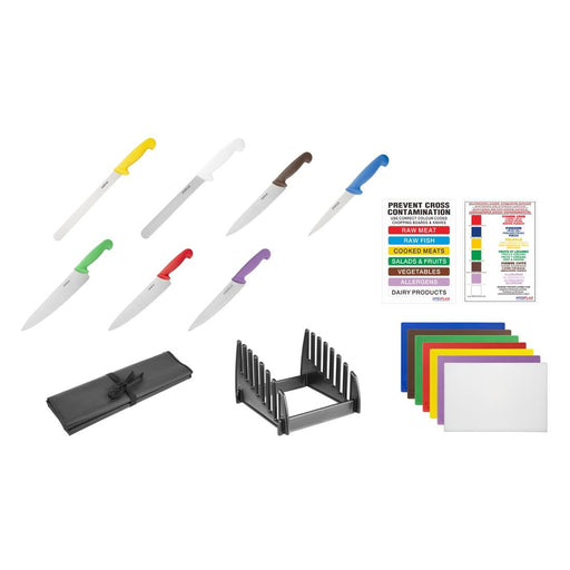 Contains 7-piece knife set, 7-piece board set, Rack, Wallet & Wall Chart