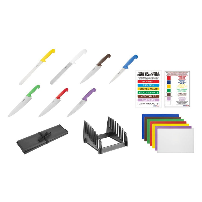 Contains 7-piece knife set, 7-piece board set, Rack, Wallet & Wall Chart