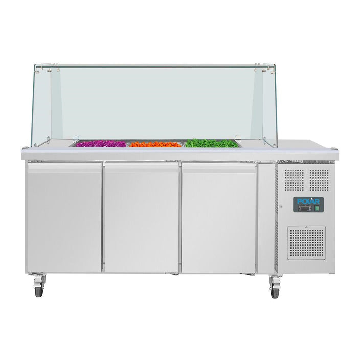 Polar U-Series GN Saladette Counter with Square Sneeze Guard 3 Door Polar