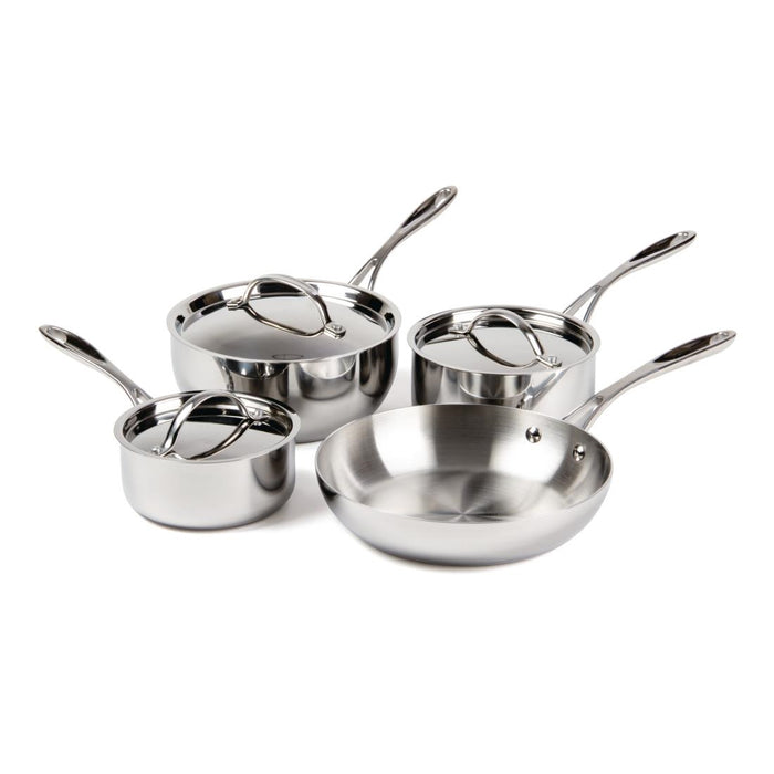 Includes 2x saucepans, 1x flared sauté pan, 1x frying pan and 3x lids Induction compatible.
