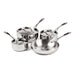 Includes 2x saucepans, 1x flared sauté pan, 1x frying pan and 3x lids Induction compatible.