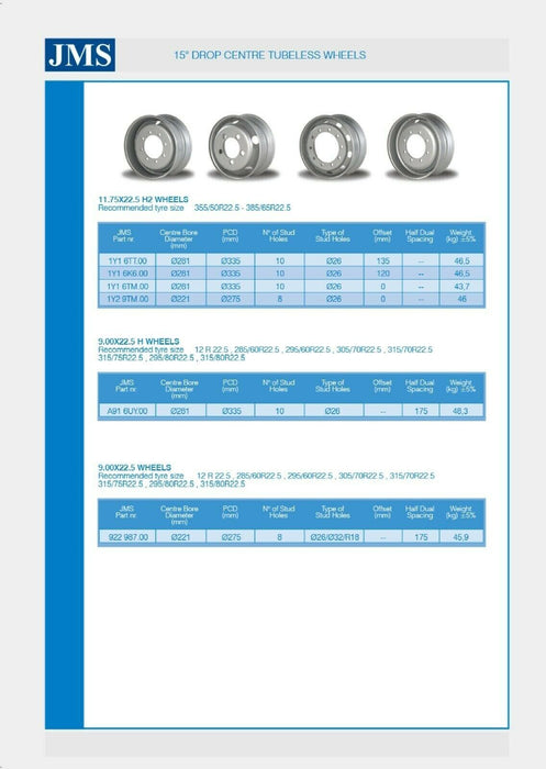 11.75" x 22.5" Steel Rims Truck Wheel Tyre PCD 335mm,10 Studs, Offset 120mm- 6K6