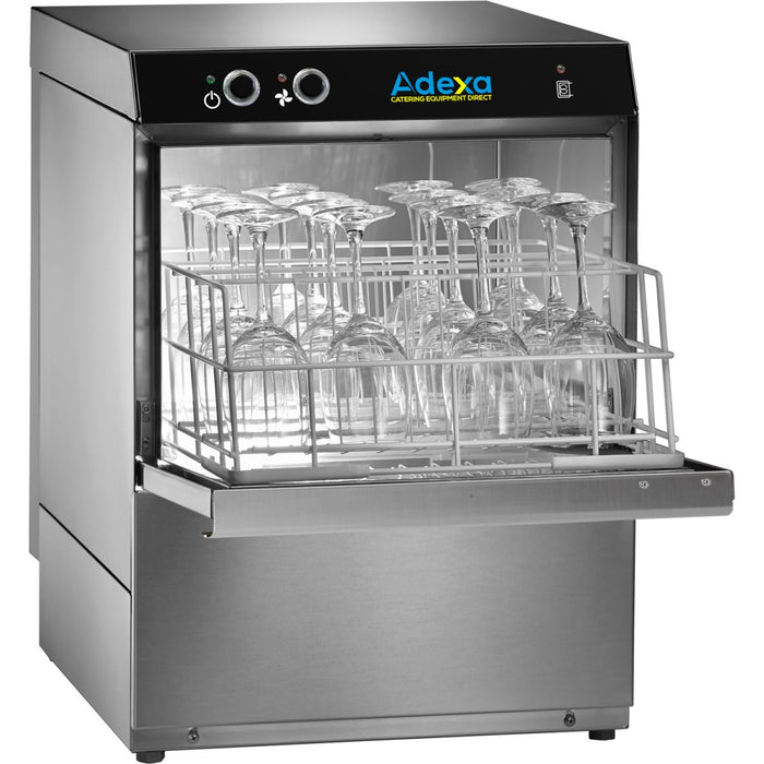 Commercial Glasswasher Premium 400mm basket 30 baskets/hour Drain pump Detergent dosing pump 13A |  ADX40