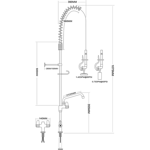 Pre Rinse Spray Unit With Swing Faucet Deck Mount Double Inlet Height 1000mm Stainless Steel | Eq2801 A12 Makfry