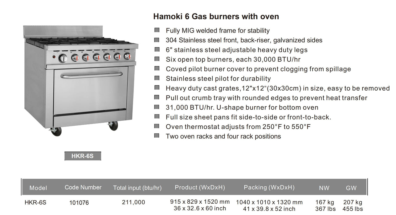 101076-Hamoki Gas Range 6 Burner with Oven HKR-6S