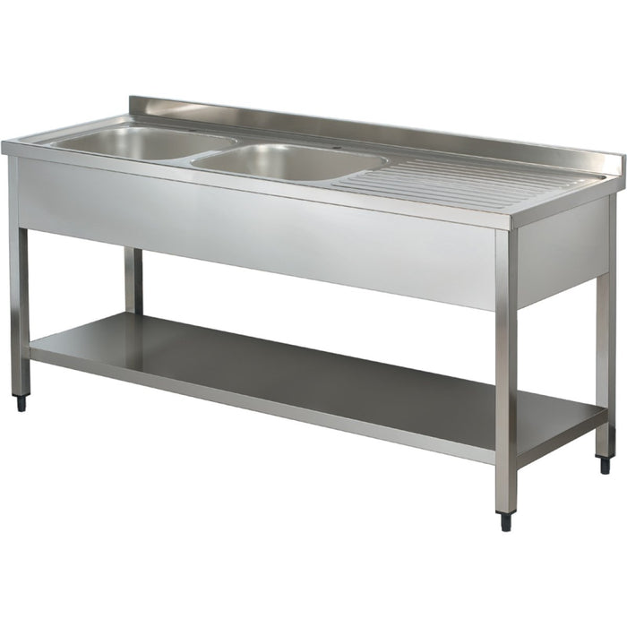 Commercial Sink Stainless steel 2 bowls Left Bottom shelf Splashback 1800mm Depth 600mm |  THSTR186BL2