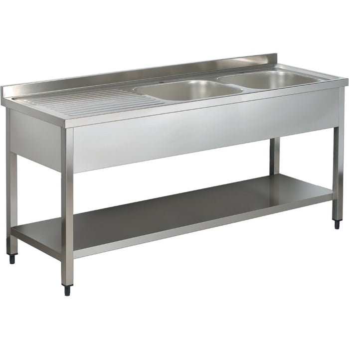 Commercial Sink Stainless steel 2 bowls Right Bottom shelf Splashback 1800mm Depth 600mm |  THSTR186BR2